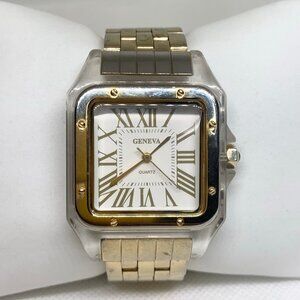 Geneva men gold tone watch 35mm clear plastic case Roman indices quartz running